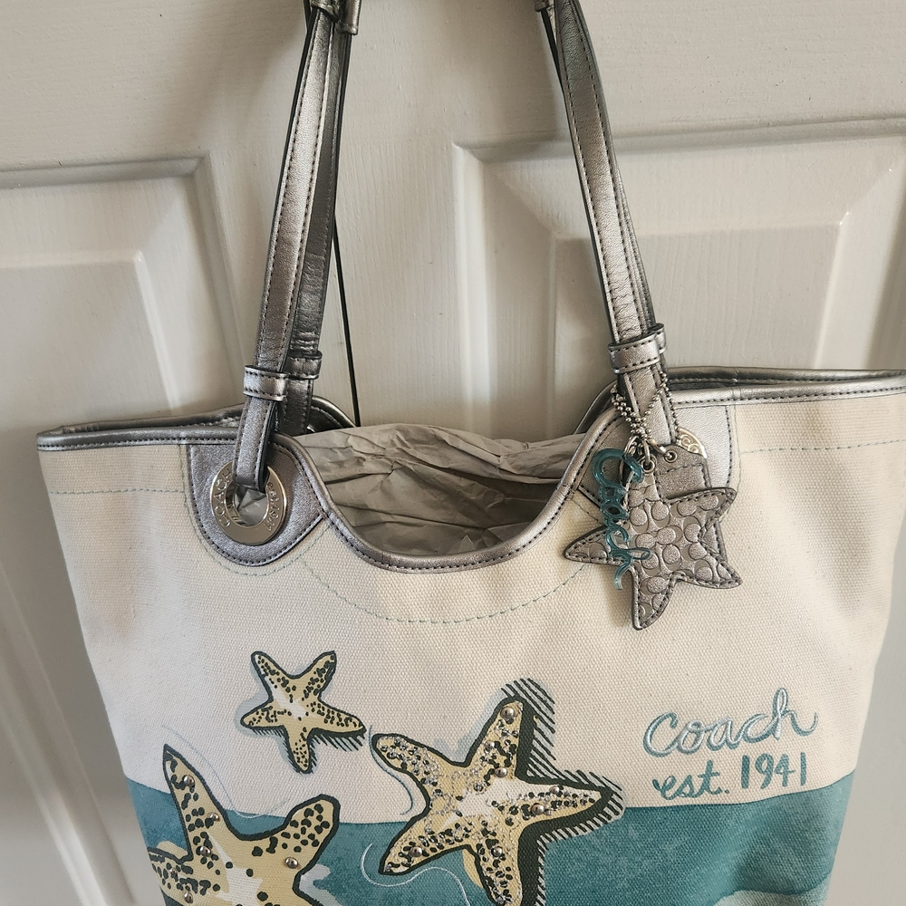 Coach Starfish Canvas Tote Bag - Silver and Cream
